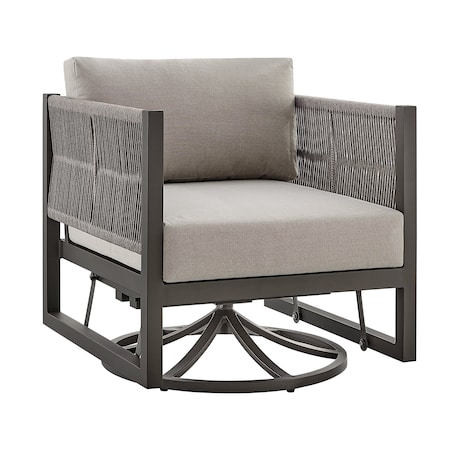 Armen Living Cuffay Outdoor Patio Swivel Glider Lounge Chair in Dark Brown Aluminum with Cushions 840254332461